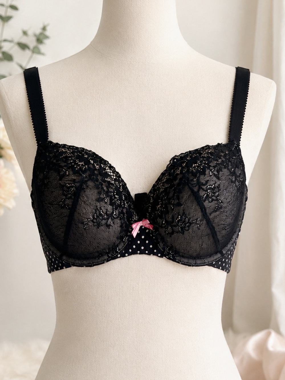 PARISA Fé Black Lace Underwire Bra 34DDD Polka Dot Mesh Pink Bow Lingerie